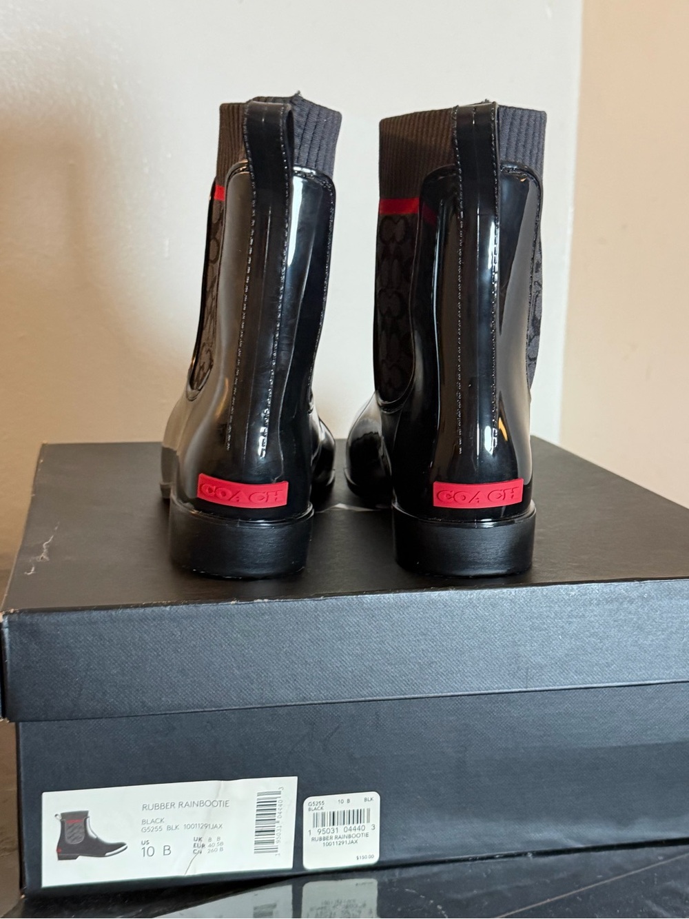 Coach Black Patent Ankle Rain Boots with Signature Knit Panel and Red Trim - Picture 2 of 7